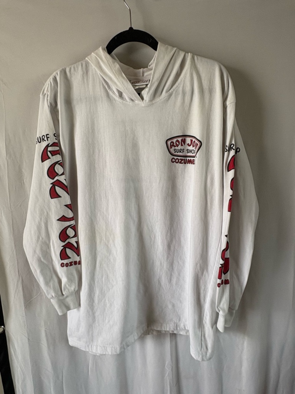 Ron Jon White Lightweight Hooded Long-Sleeve with Red Sleeve Graphics